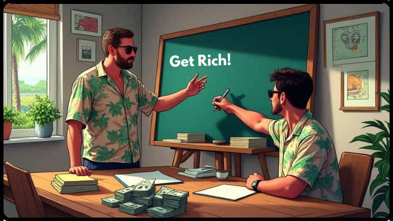 Stacks of cash and business discussion in a tropical-themed office.