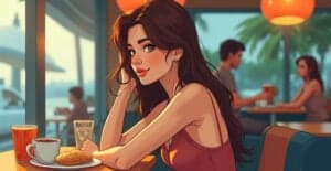 A young woman with long dark hair enjoying coffee and pastries at a cozy cafe, with a warm ambiance and a tropical outdoor view in the background.