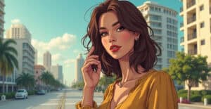 Vibrant digital illustration of a confident woman on a city street with modern buildings, emphasizing financial empowerment and urban lifestyle, related to Money Vice.