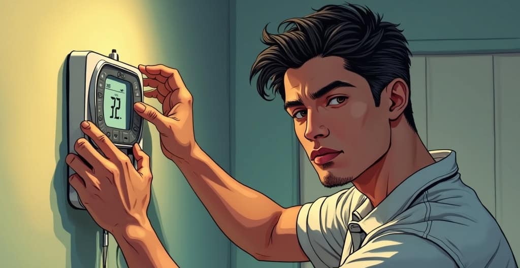 A young man adjusting a thermostat on the wall, focused on temperature control, symbolizing home or energy management.