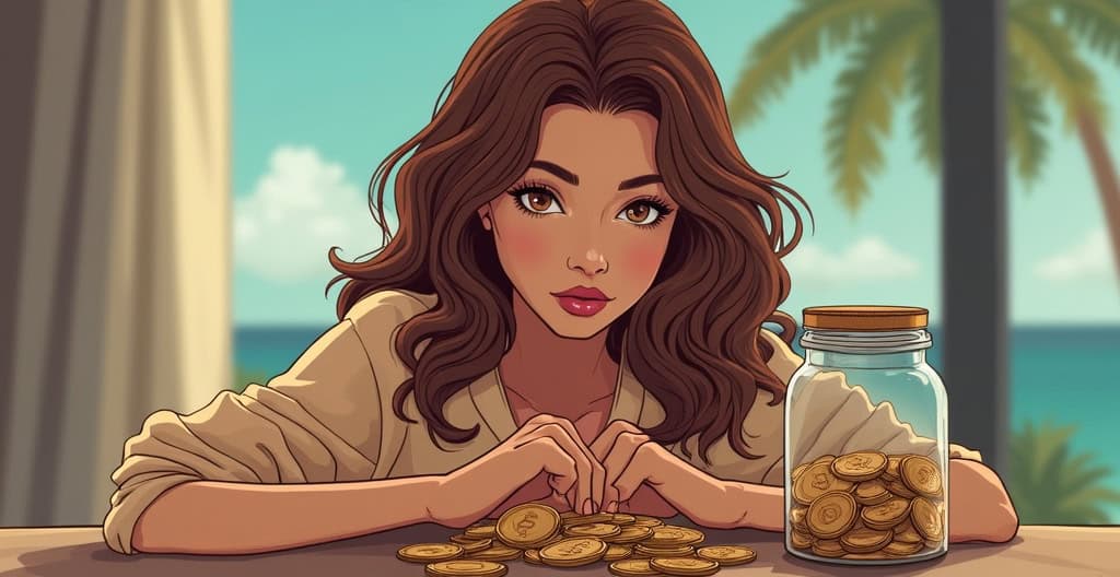 Vibrant cartoon woman with long brown hair looking at coins and a jar filled with cash, symbolizing saving money and financial goals.