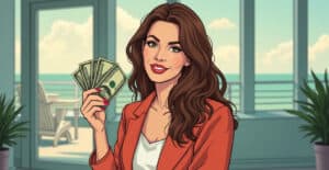 $100 bills in woman's hand, vibrant cartoon illustration promoting personal finance and wealth management.