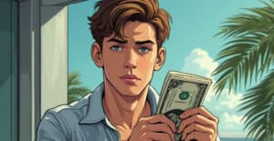 Young man holding dollar bills in front of a tropical background, symbolizing financial success and wealth. Ideal for content related to money, investments, or financial growth.