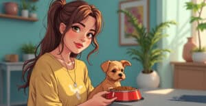 Cute young woman with brown hair and a small dog eating from a red pet bowl indoors with houseplants and soft natural light.