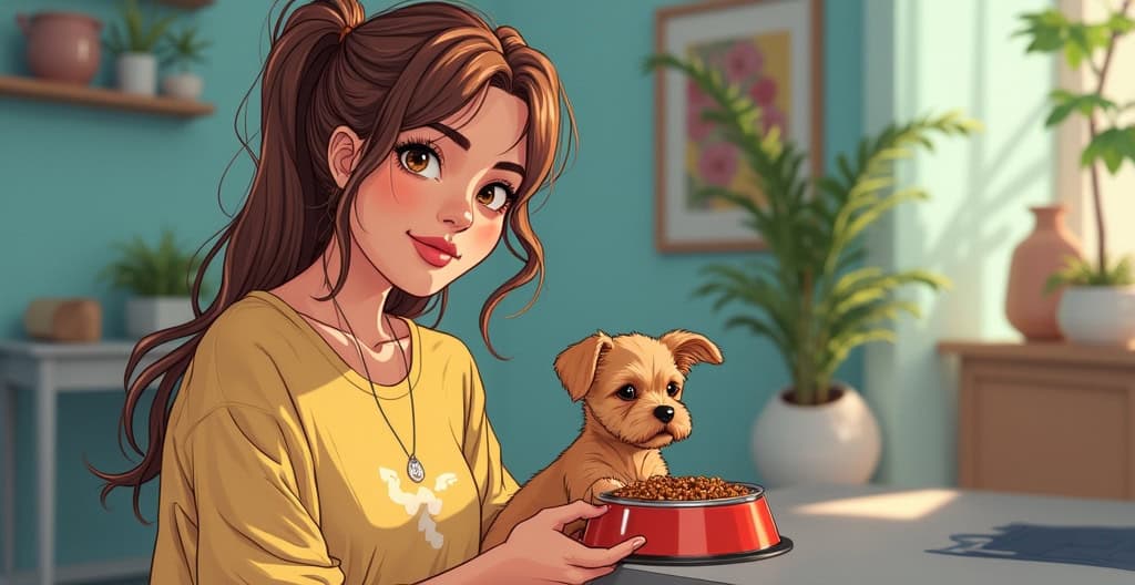 Cute young woman with brown hair and a small dog eating from a red pet bowl indoors with houseplants and soft natural light.