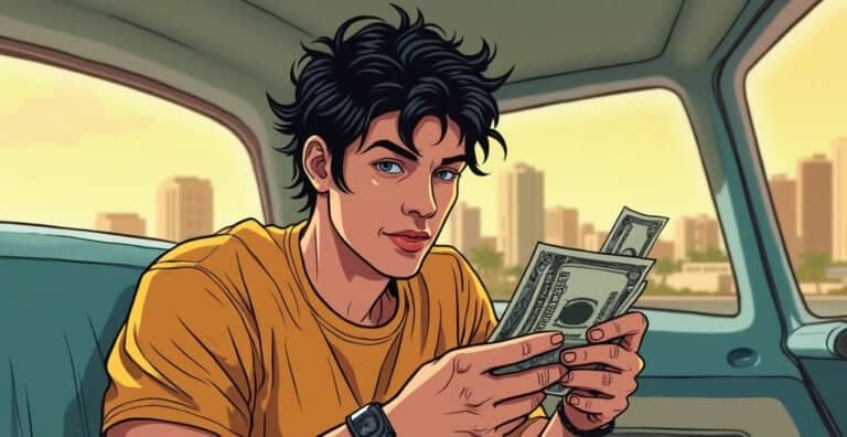 Stacks of U.S. dollar bills, young man smiling and counting cash in a car, representing financial success, money management, and wealth accumulation related to money vice concepts.