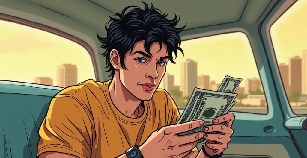 Stacks of U.S. dollar bills, young man smiling and counting cash in a car, representing financial success, money management, and wealth accumulation related to money vice concepts.