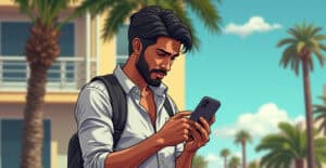 Man using smartphone outdoors with palm trees and building background for financial app or online banking context.