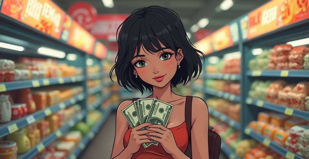 $100 bills, financial empowerment, cash gifting, shopping, grocery store, consumer savings, money management, financial success, wealth, personal finance.