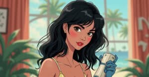 Enjoying a tropical setting, young woman with dark hair holding a smartphone, emphasizing financial management and online money services, on a vibrant, sunny background.