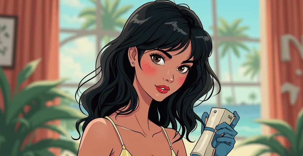 Enjoying a tropical setting, young woman with dark hair holding a smartphone, emphasizing financial management and online money services, on a vibrant, sunny background.