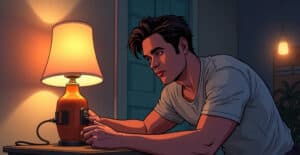 A young man using a vintage-style alarm clock with a warm lamp light in a cozy room at night.