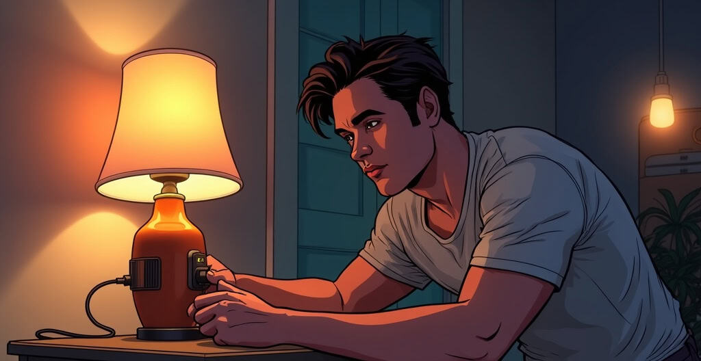 A young man using a vintage-style alarm clock with a warm lamp light in a cozy room at night.