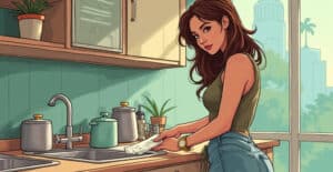 Beautiful woman doing laundry in bright modern kitchen, cozy and stylish home interior, natural sunlight, lifestyle, domestic chores, home organization, relaxation.