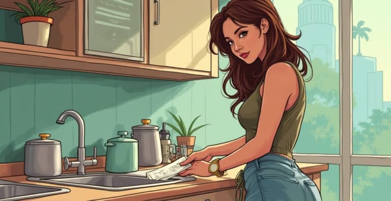 Beautiful woman doing laundry in bright modern kitchen, cozy and stylish home interior, natural sunlight, lifestyle, domestic chores, home organization, relaxation.