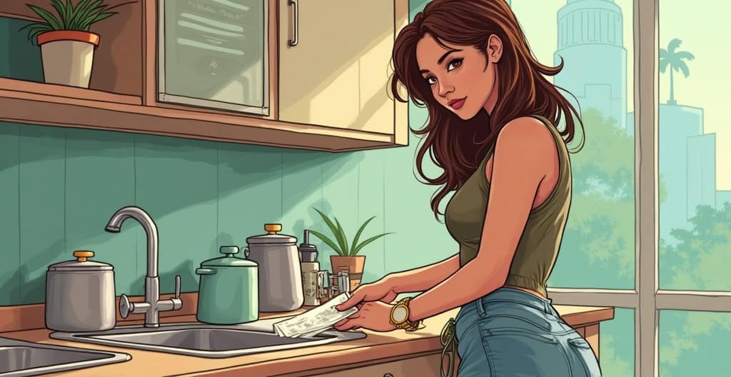 Beautiful woman doing laundry in bright modern kitchen, cozy and stylish home interior, natural sunlight, lifestyle, domestic chores, home organization, relaxation.
