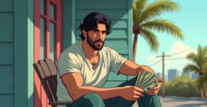 Handsome man with dark hair and beard holding cash sitting outdoors near a tropical house with palm trees.