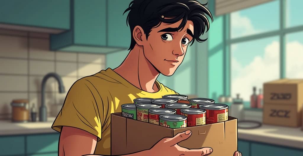 Canned food donation, young man holding a box of canned goods in a kitchen for charity or food drive, emphasizing food security and community support.