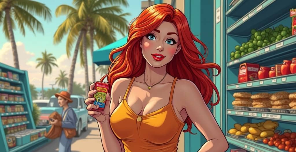Bright red-haired woman shopping at an outdoor grocery store on a sunny day, holding a juice box and smiling, with tropical palm trees in the background, emphasizing healthy food and grocery shopping.