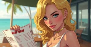 Delicious meal plans on a tropical beachside restaurant menu, featuring a stylish woman with blonde hair, coastal scenery, and a relaxed vacation vibe. Perfect for travel, food, and lifestyle SEO.
